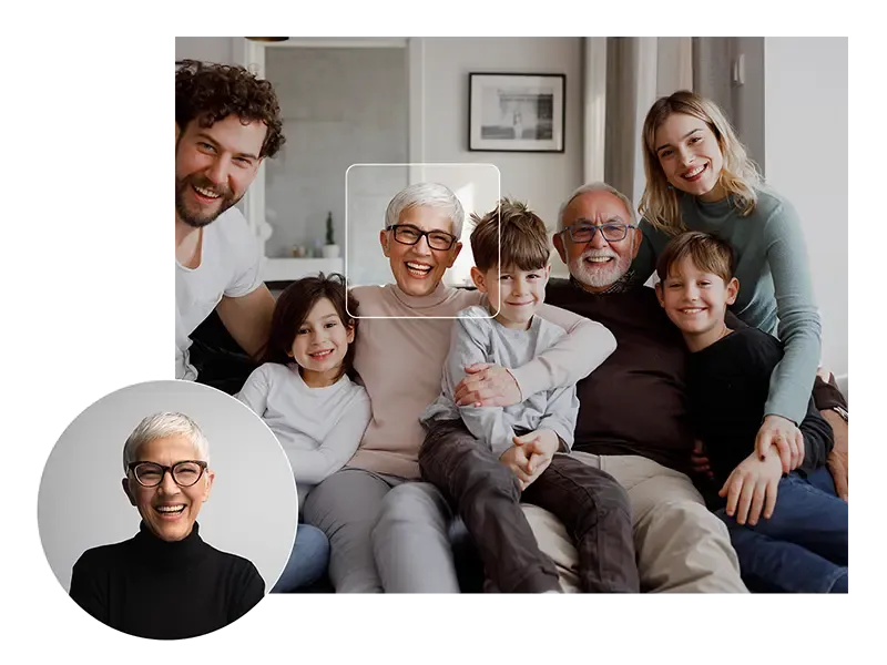 Multi-generational family portrait with facial recognition highlighting grandmother's face