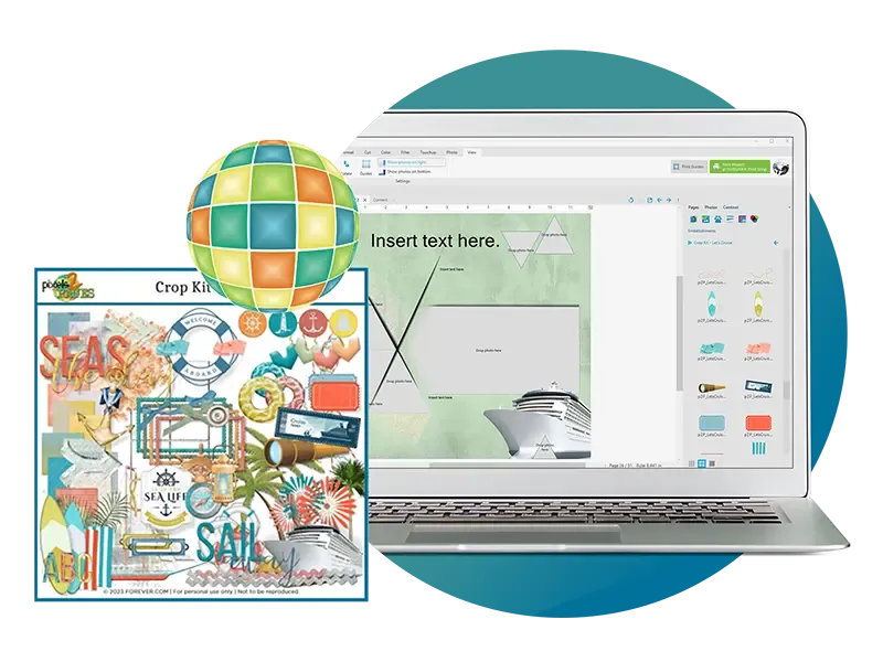 Laptop displaying Forever scrapbooking software with nautical-themed digital design elements