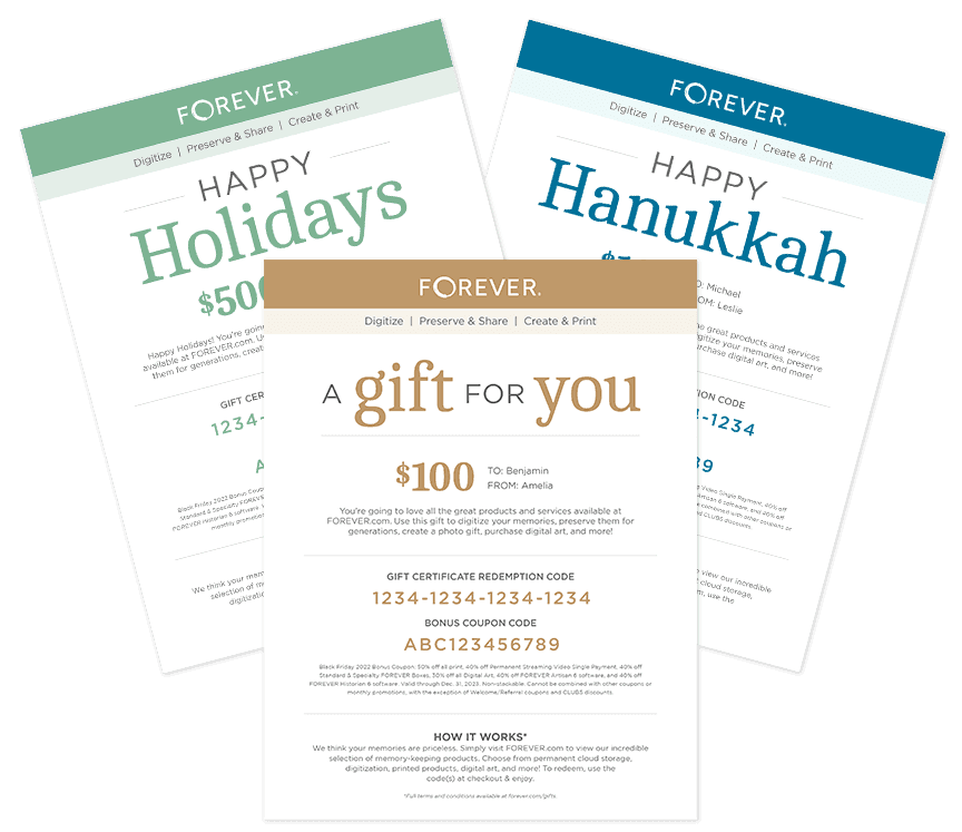 Forever gift certificates for Happy Holidays, Happy Hanukkah, and general occasions displaying redemption codes and values